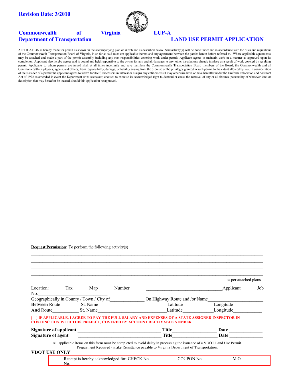 Department of Transportation LAND USE PERMIT APPLICATION