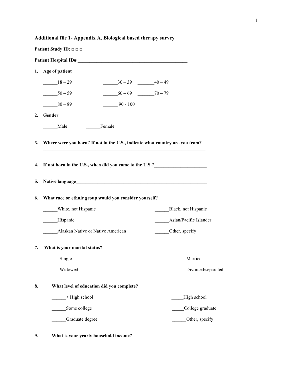 Additional File 1- Appendix A, Biological Based Therapy Survey