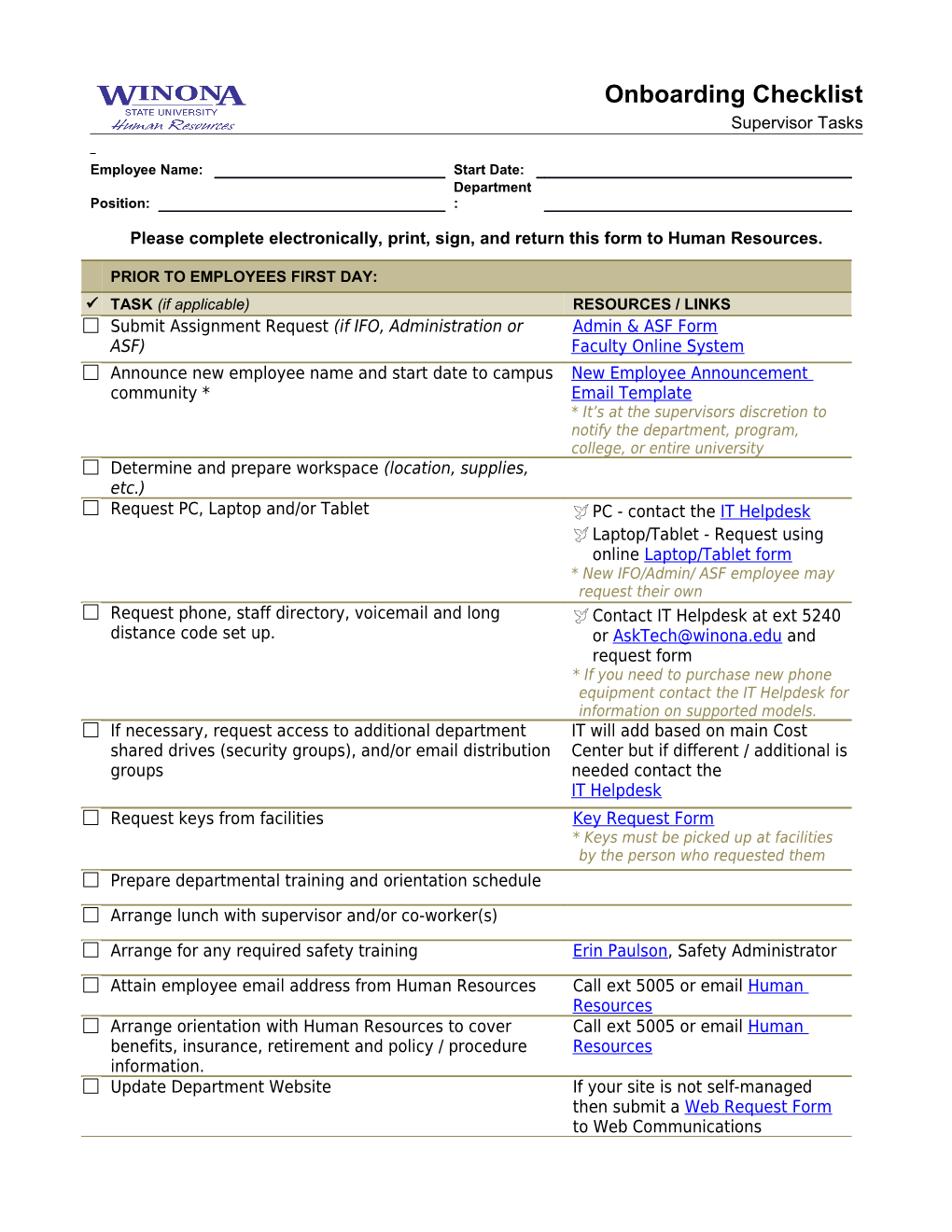 Please Complete Electronically, Print, Sign, and Return This Form to Human Resources