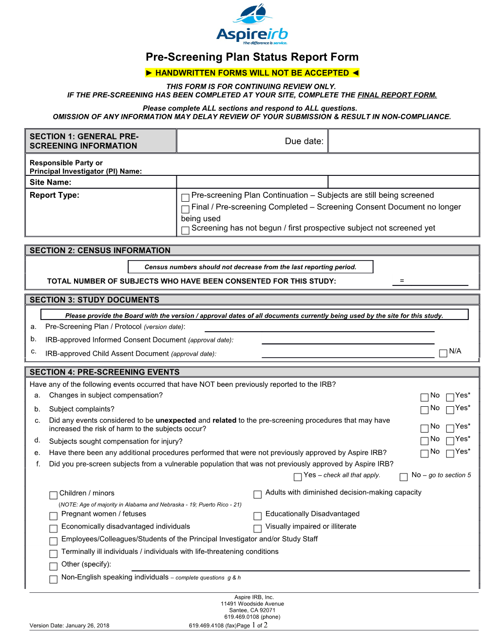 Pre-Screening Plan Status Report Form