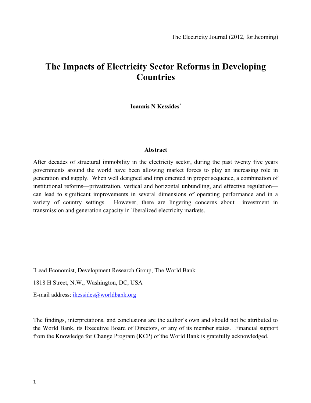 The Impacts of Electricity Sector Reforms in Developing Countries