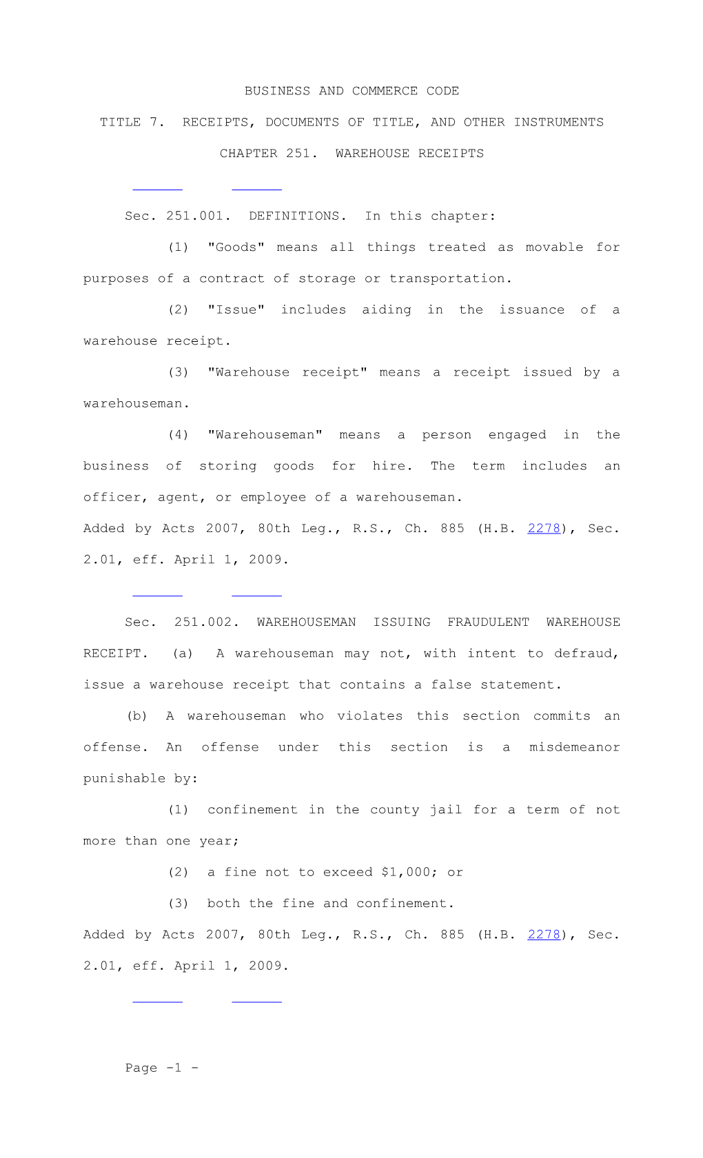 Title 7. Receipts, Documents of Title, and Other Instruments