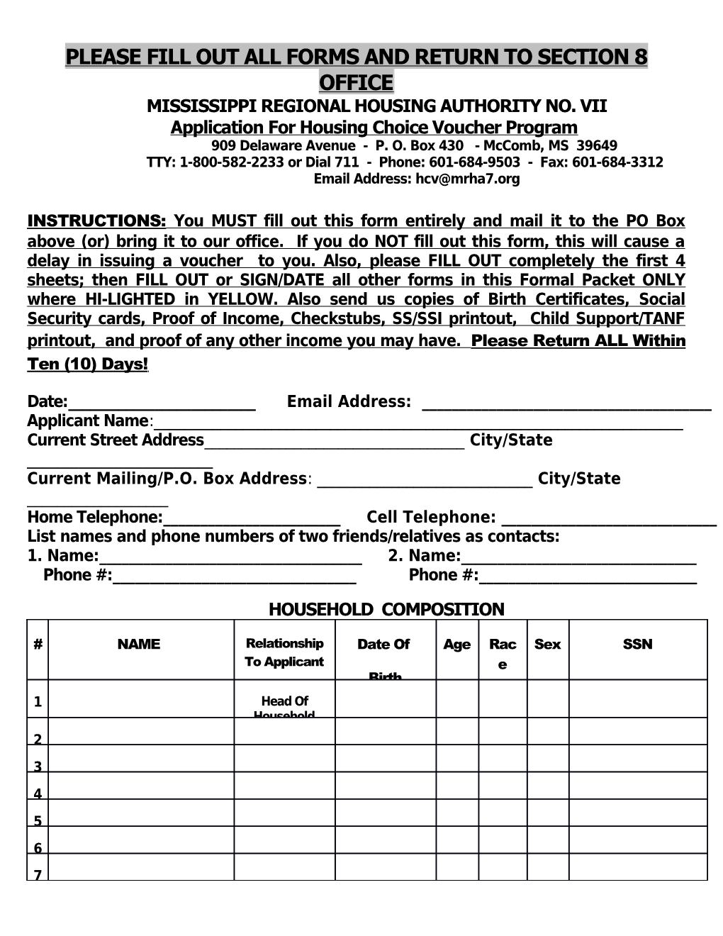 Please Fill out All Forms and Return to Section 8 Office