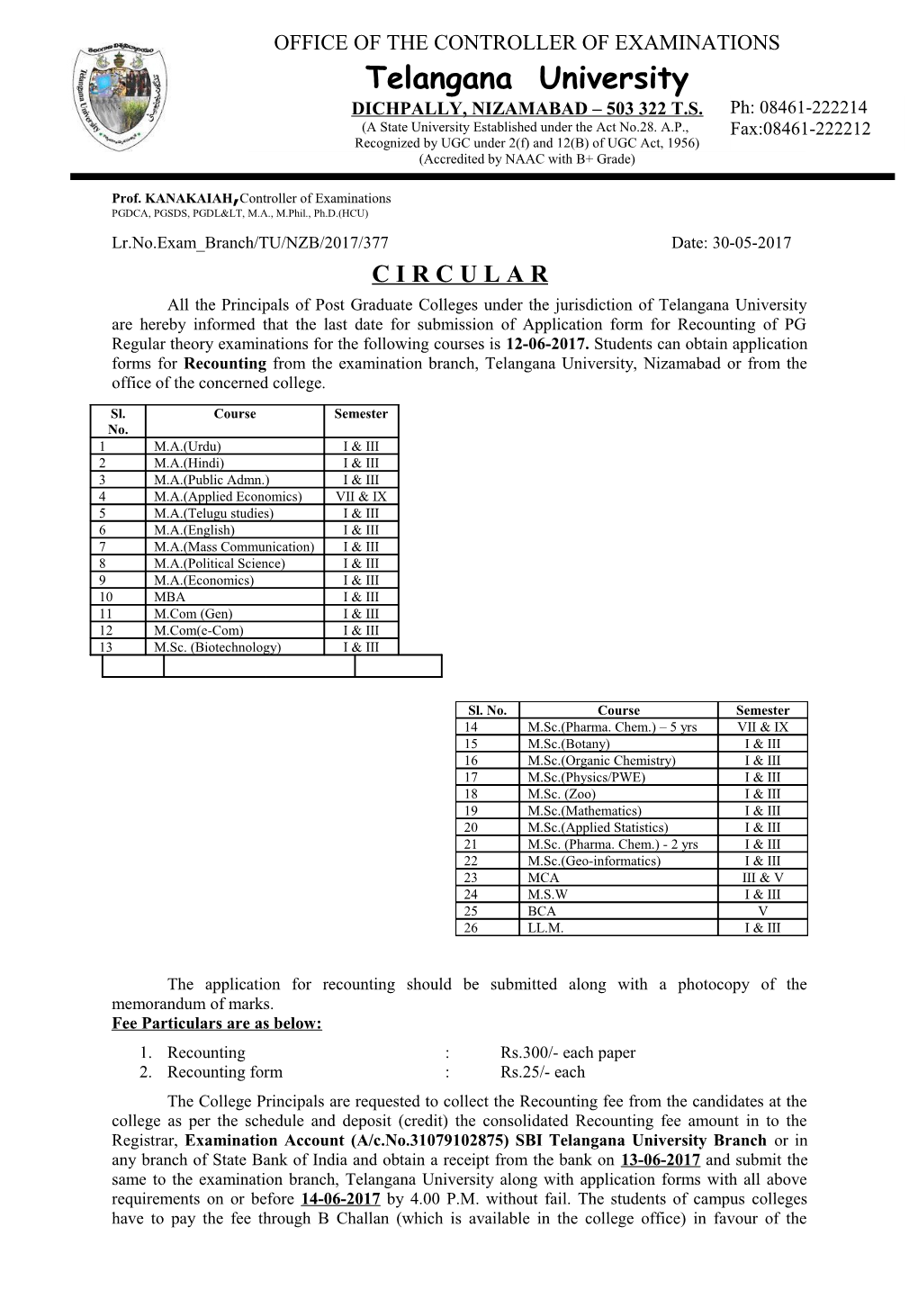 Prof. KANAKAIAH, Controller of Examinations