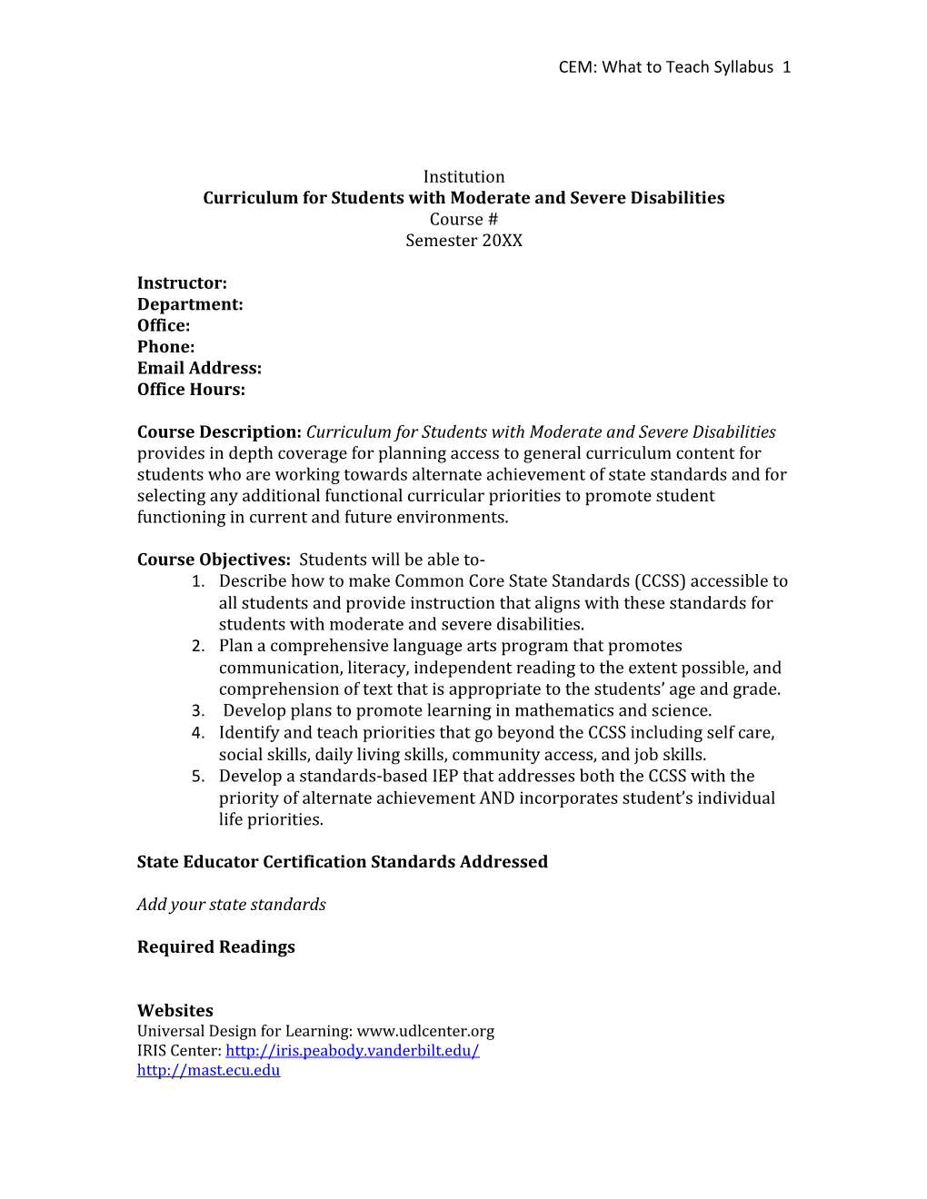 Curriculum for Students with Moderate and Severe Disabilities