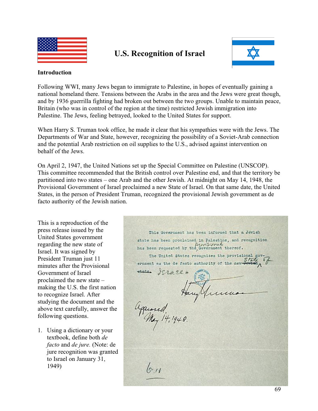 U.S. Recognition of Israel