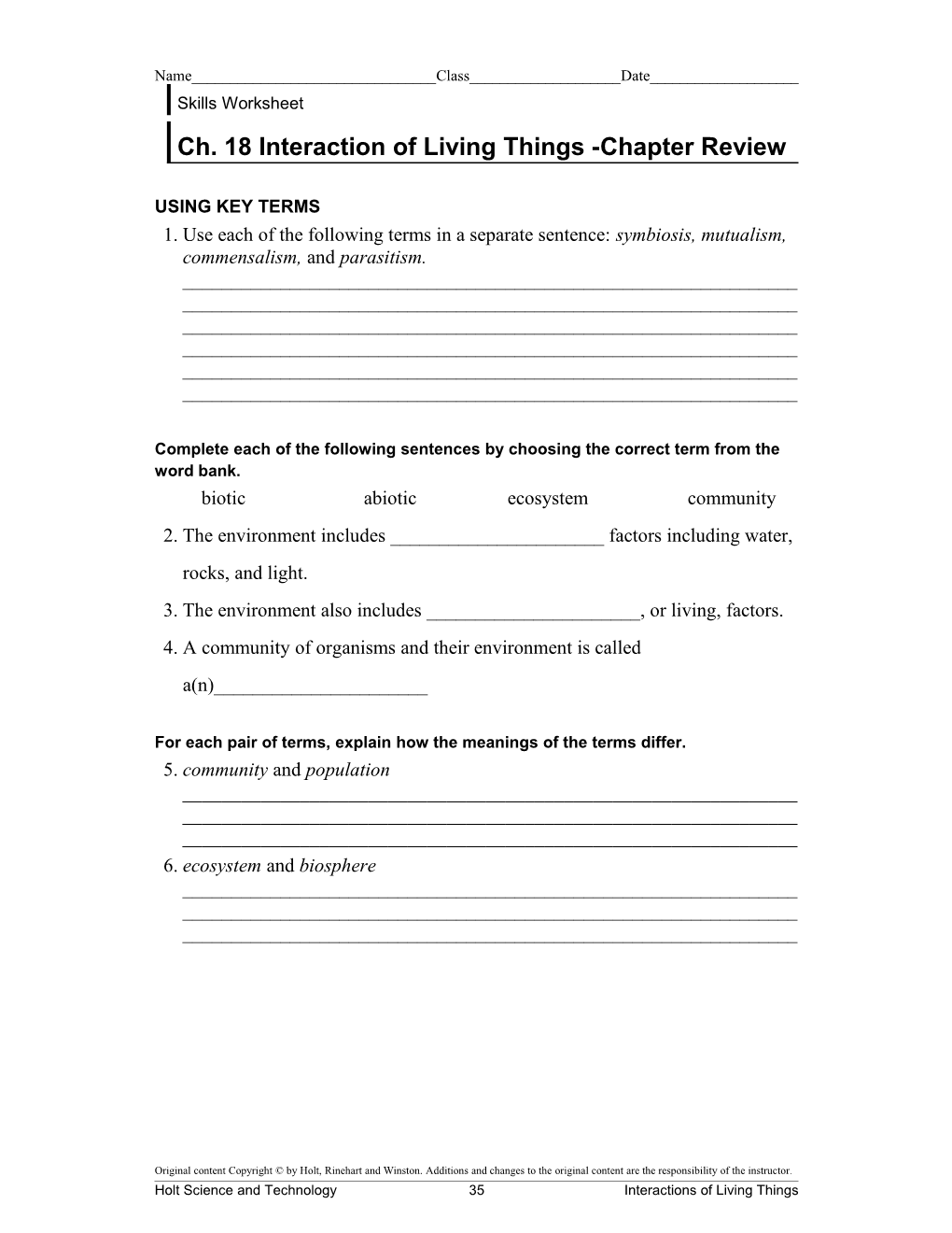 Ch. 18 Interaction of Living Things -Chapter Review