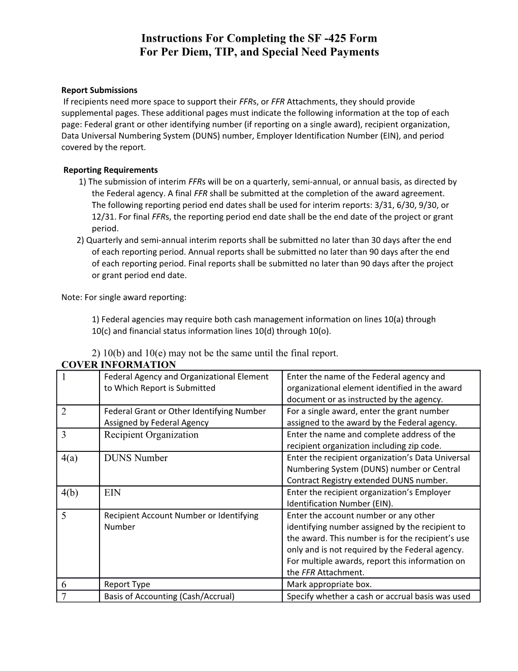 Instructions for Completing the SF -425 Form