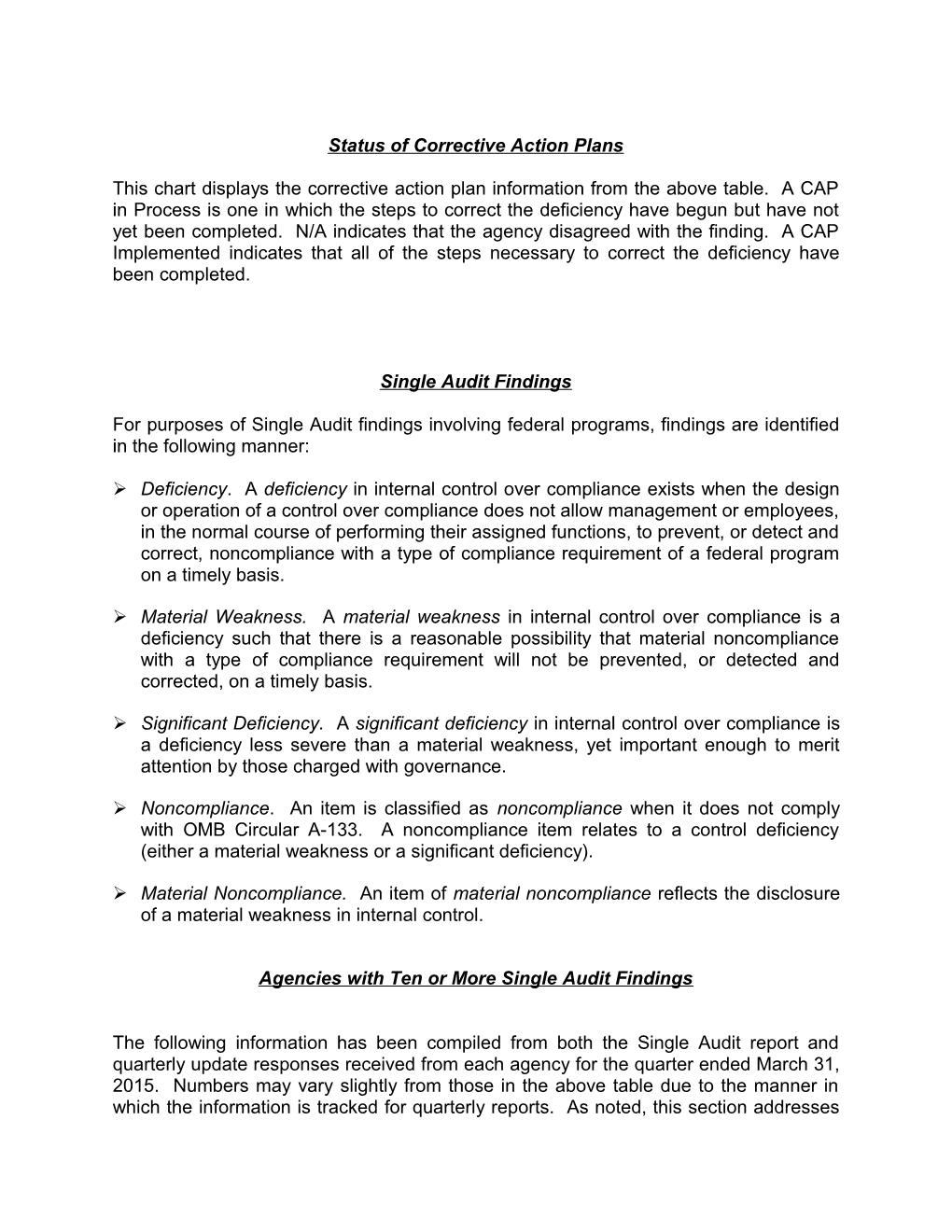 March 31, 2015 Report on Prior Single Audit Findings