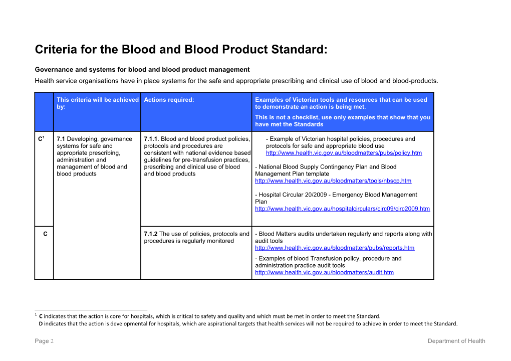Criteria for the Blood and Blood Product Standard