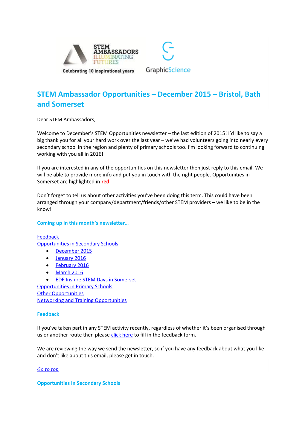 STEM Ambassador Opportunities December 2015 Bristol, Bath and Somerset