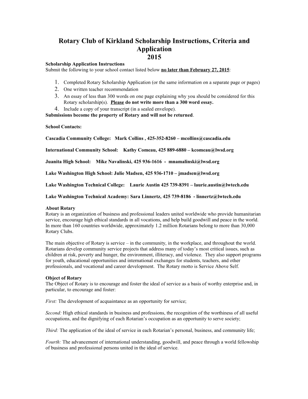 Rotary Club of Kirkland Scholarship Application