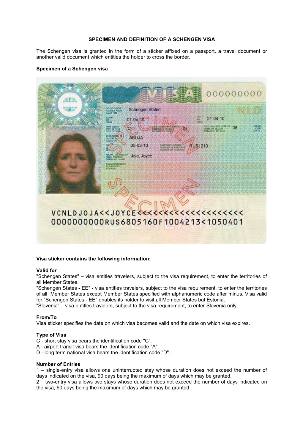 Specimen and Definition of a Schengen Visa