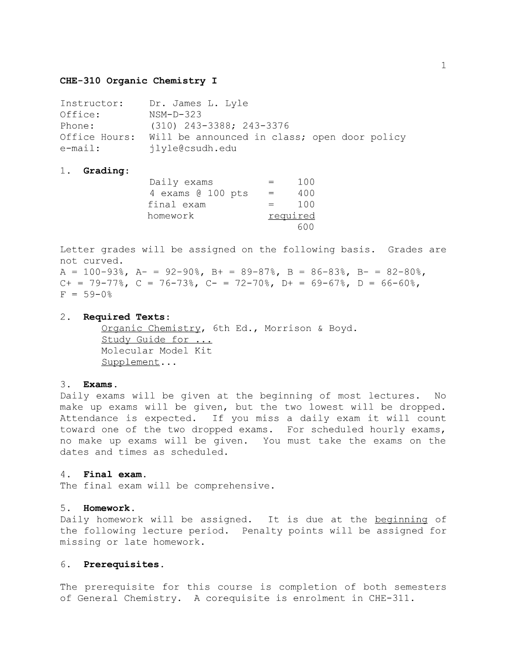 CHE-310 Organic Chemistry I