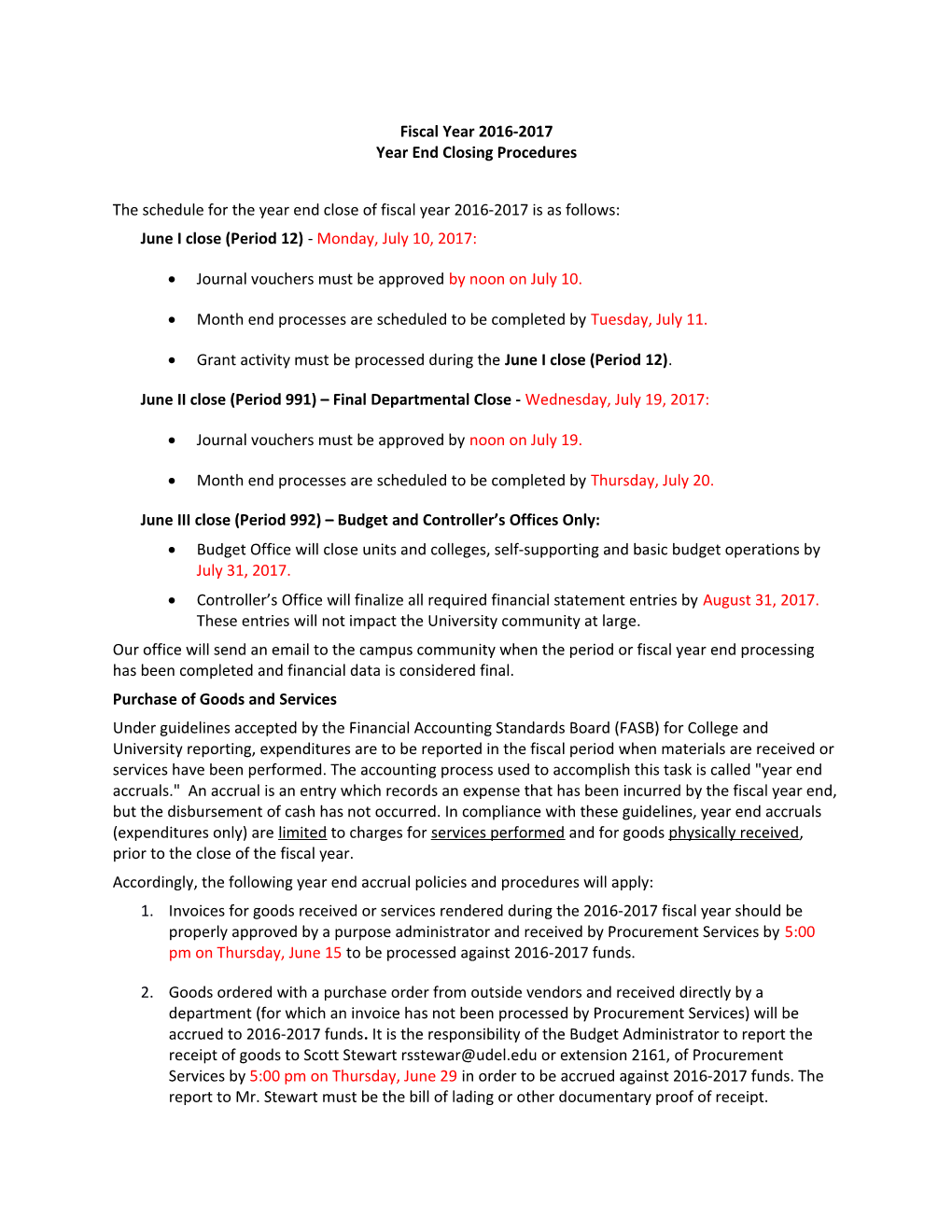 Fiscal Year 2016-2017 Year End Closing Procedures