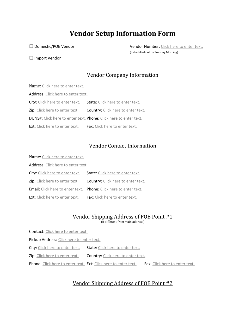 Vendor Setup Information Form