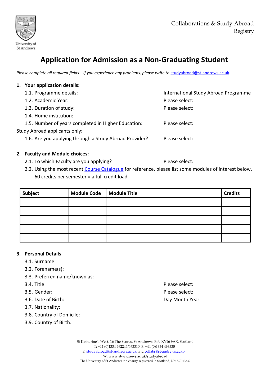 Application for Admission As a Non-Graduating Student