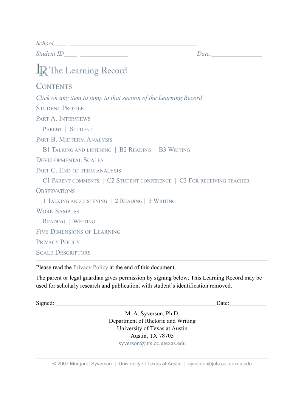 Click on Any Item to Jump to That Section of the Learning Record