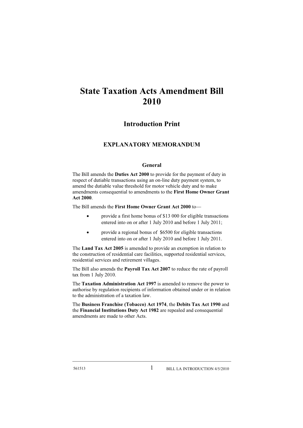 State Taxation Acts Amendment Bill 2010
