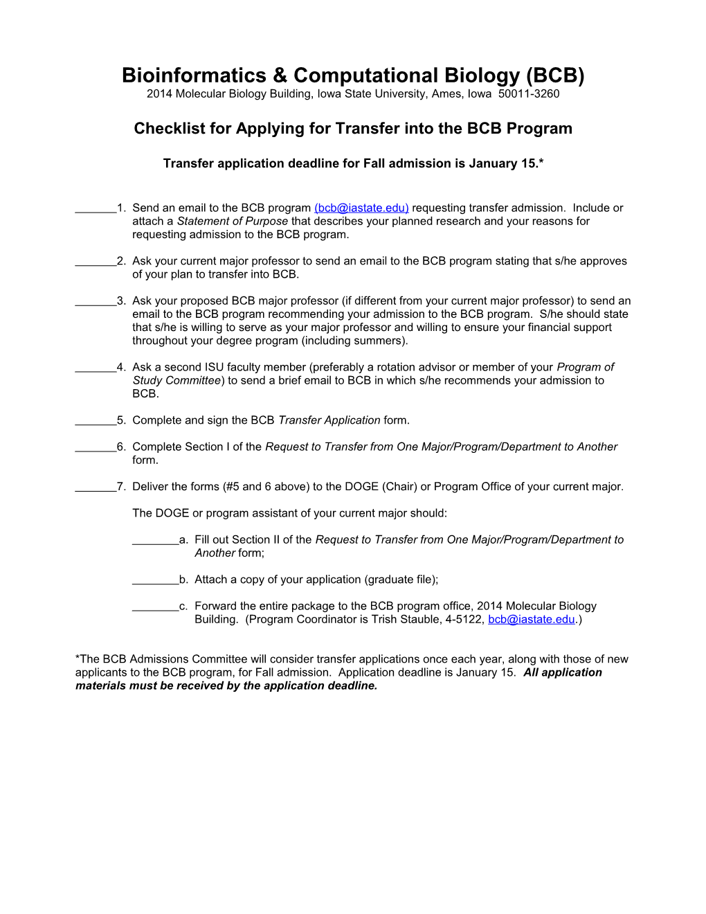 Checklist for Requesting Transfer Into the BCB Program