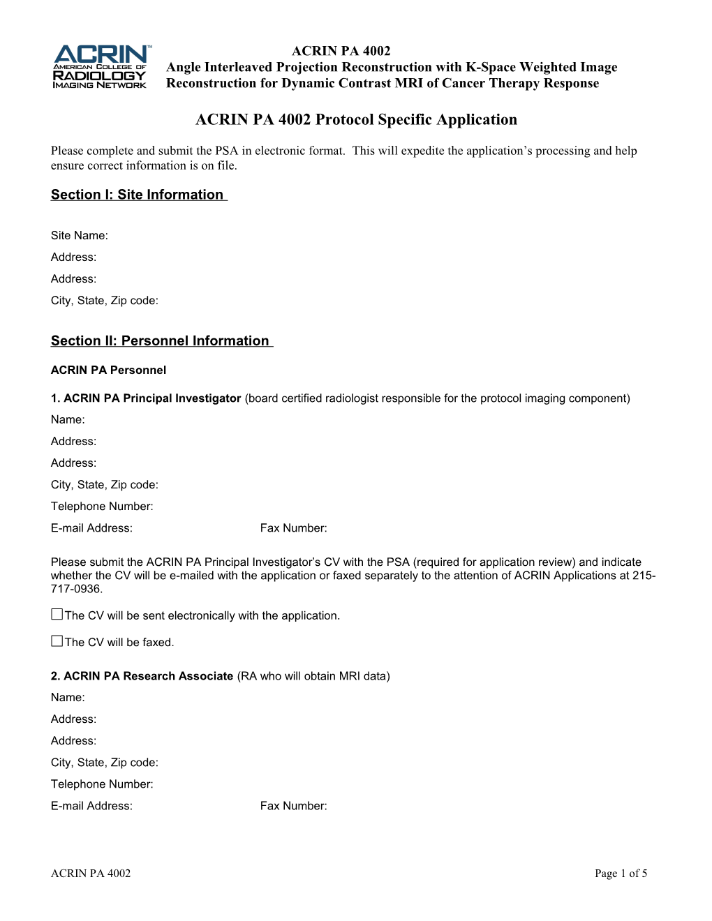 ACRIN PA 4002 Protocol Specific Application