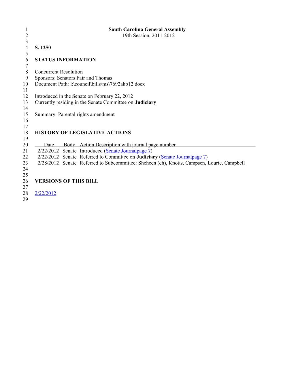 2011-2012 Bill 1250: Parental Rights Amendment - South Carolina Legislature Online