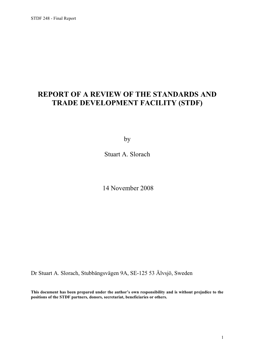 Report of a Review of the Standards and Trade Development Facility (Stdf)