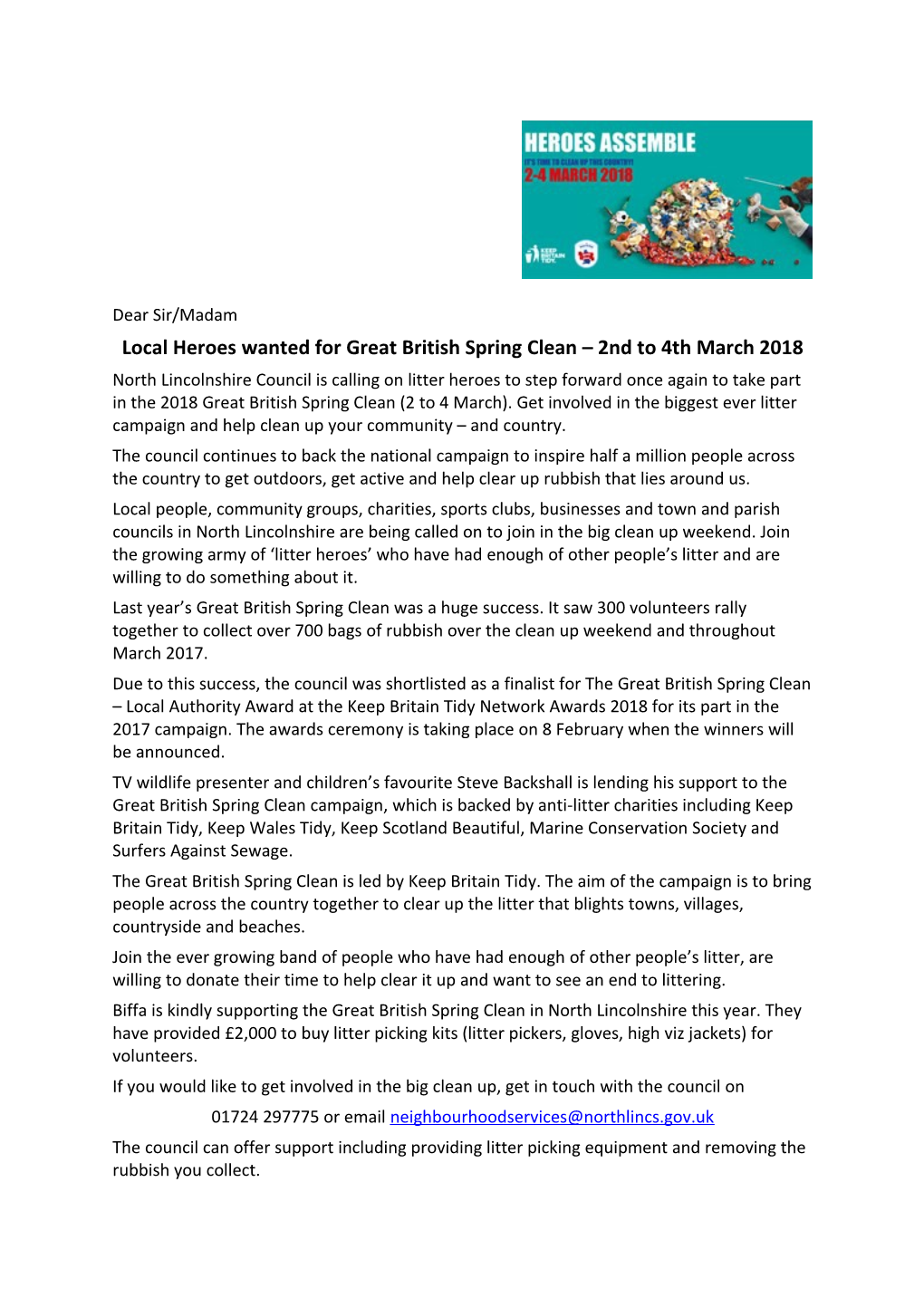 Local Heroes Wanted for Great British Spring Clean 2Nd to 4Th March 2018