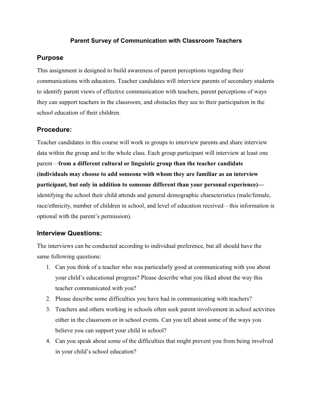 Parent Survey of Communication with Classroom Teachers