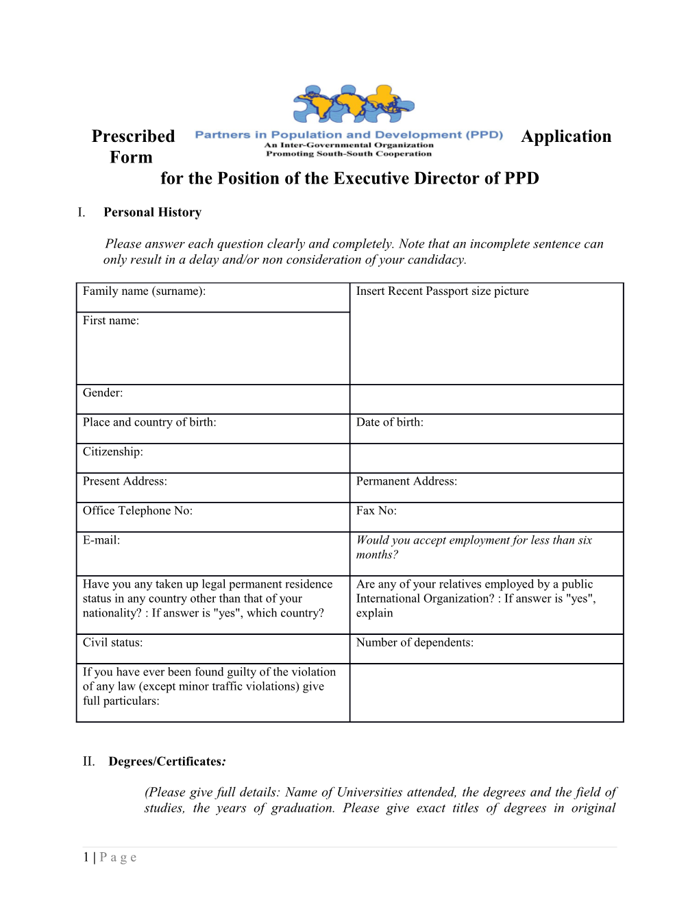 Prescribed Application Form for the Position of the Executive Director of PPD