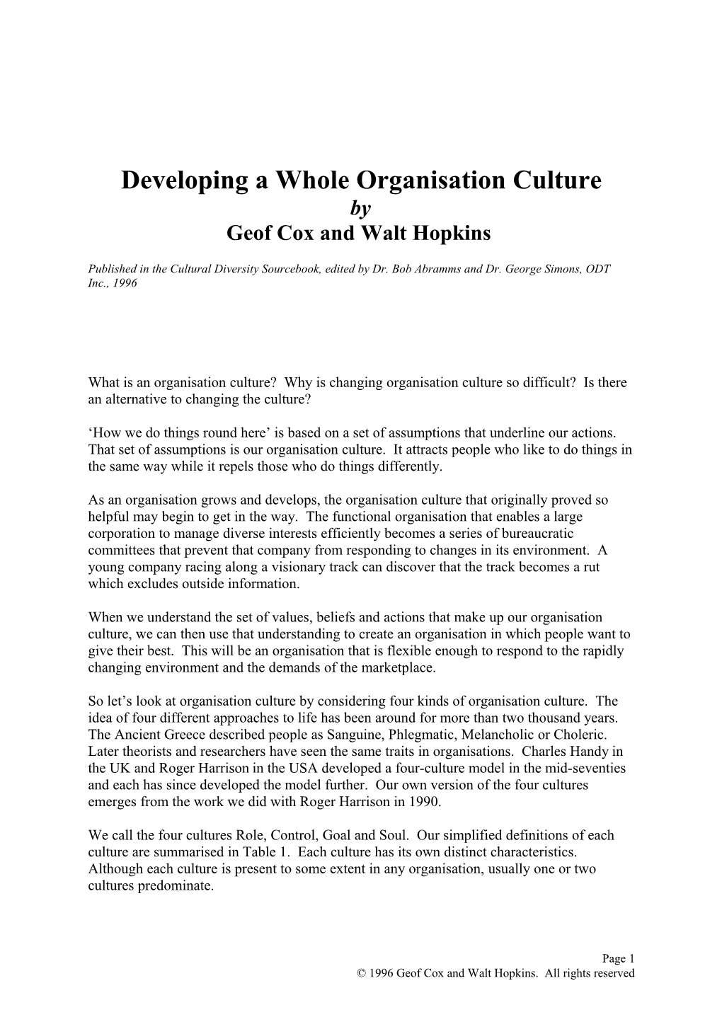 Developing a Whole Organisation Culture