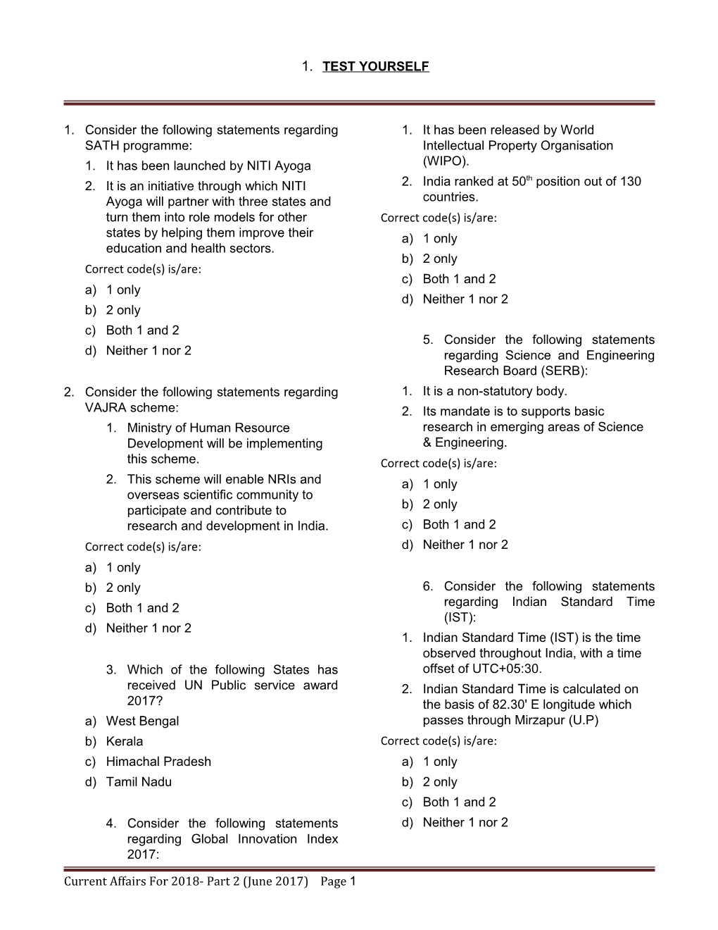 Current Affairs for 2018- Part 2 (June 2017) Page 1