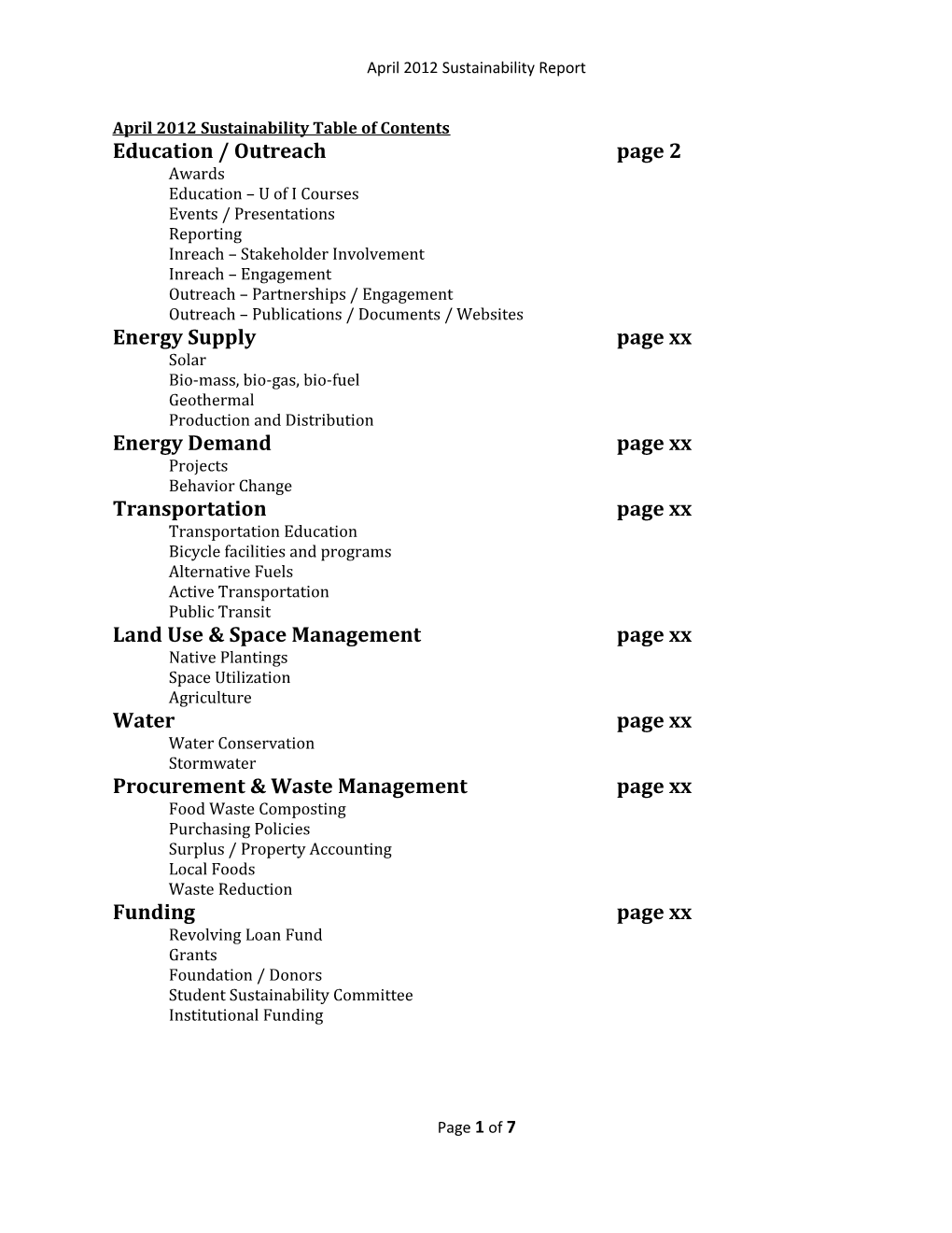 April 2012 Sustainability Table of Contents
