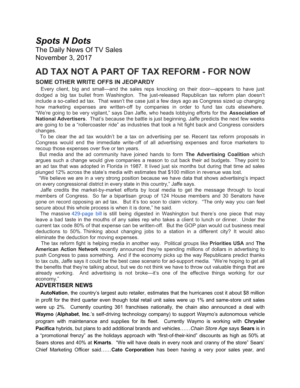 Ad Tax Not a Part of Tax Reform - for Now