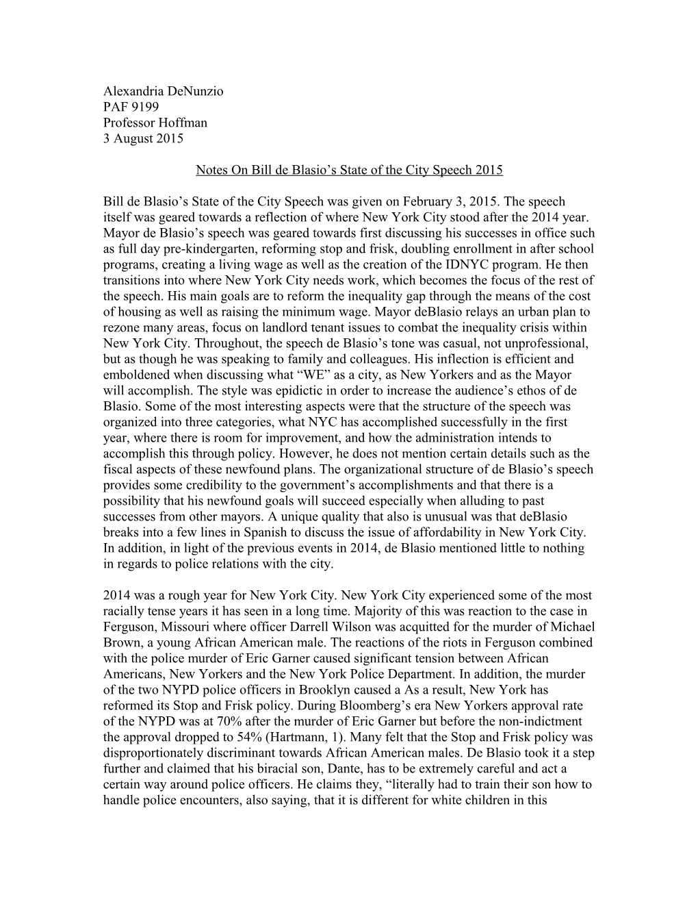 Notes on Bill De Blasio S State of the City Speech 2015