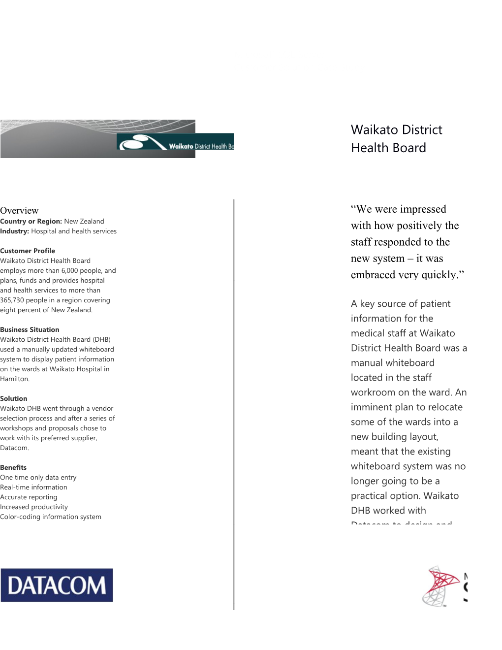 Metia CEP Waikato District Health Board Automates Ward Information System with Microsoft SQL Se