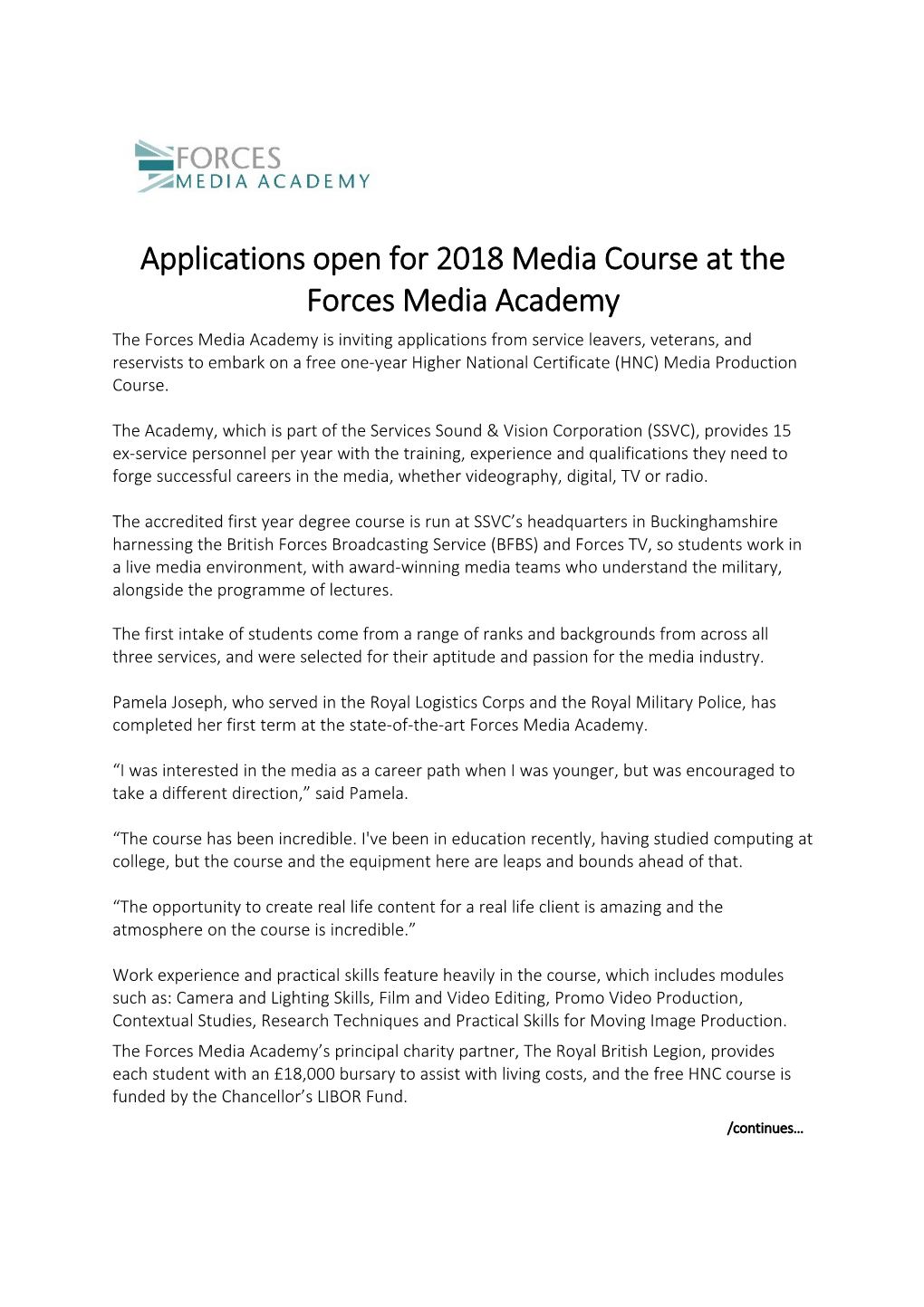 Applications Open for 2018 Media Course at the Forces Media Academy