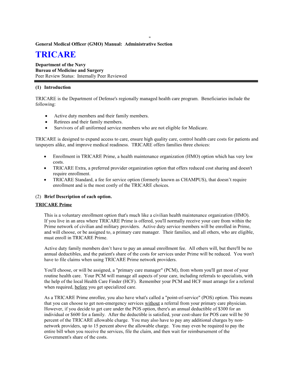 General Medical Officer (GMO) Manual: TRICARE