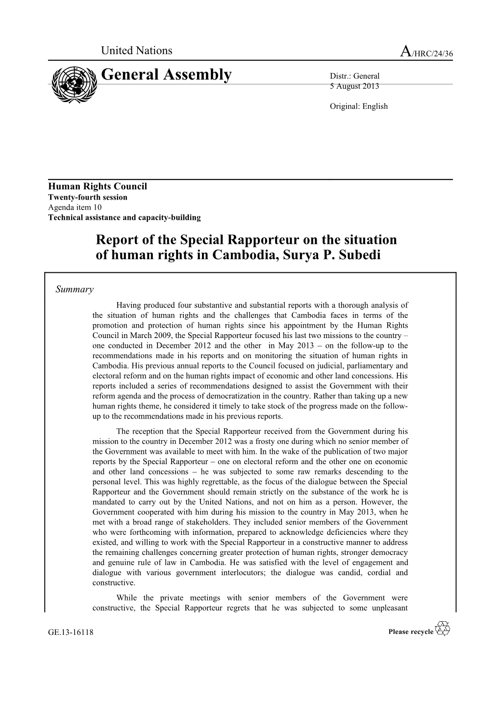 Report of the Special Rapporteur on the Situation of Human Rights in Cambodia in English