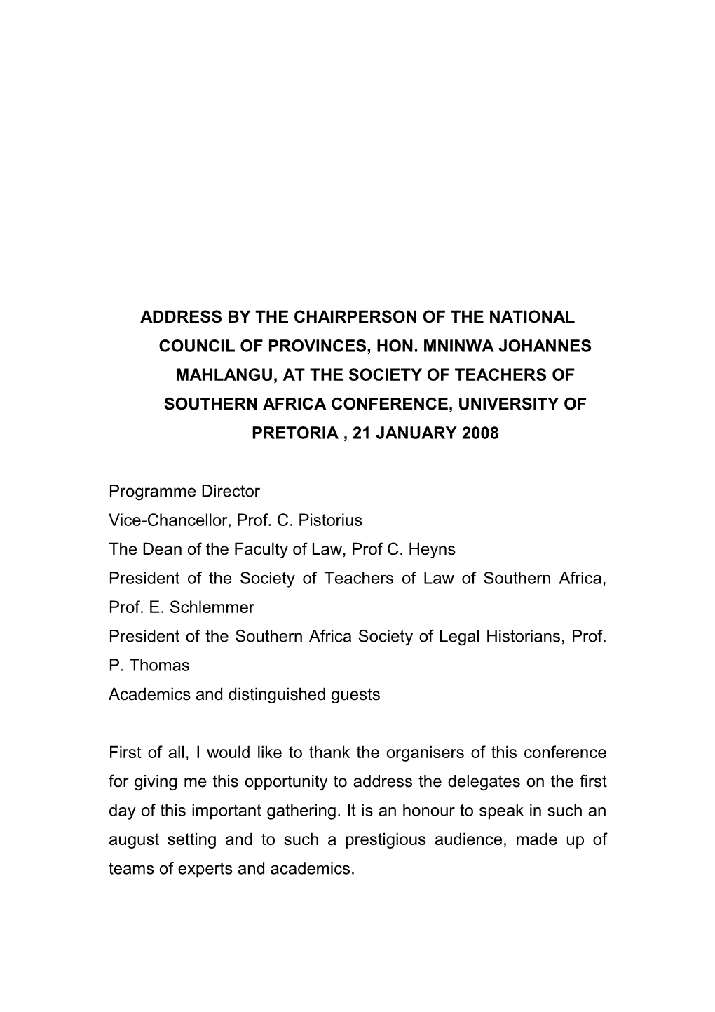 Address by the Chairperson of the National Council of Provinces, Mr