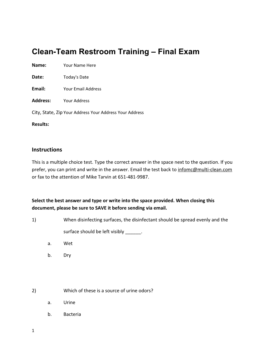 Clean-Team Restroom Training Final Exam