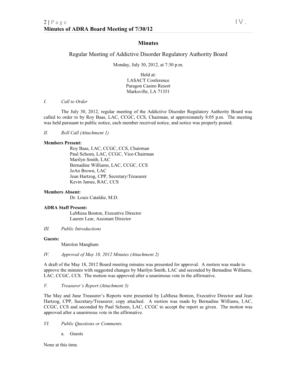 Minutes of ADRA Board Meeting of 7/30/12