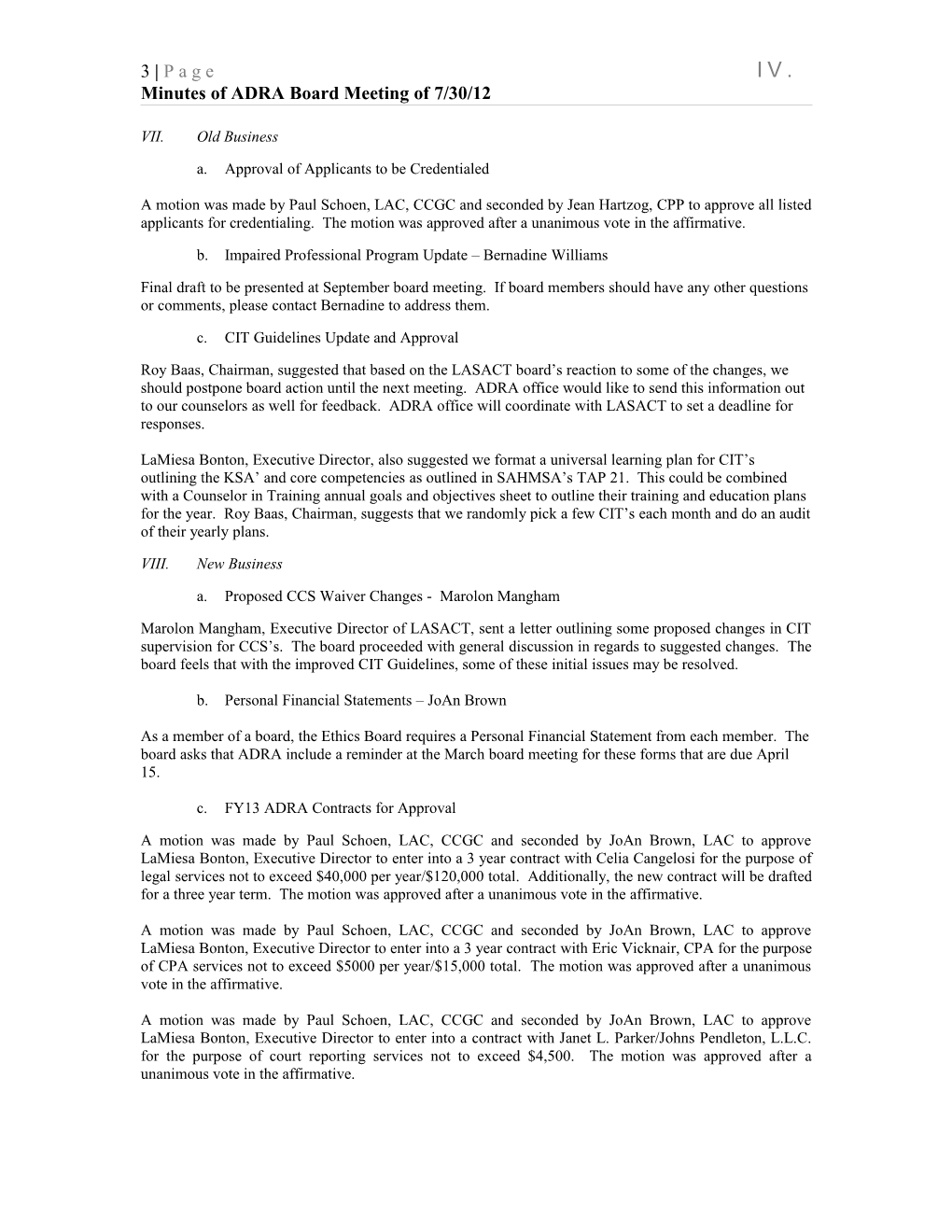Minutes of ADRA Board Meeting of 7/30/12