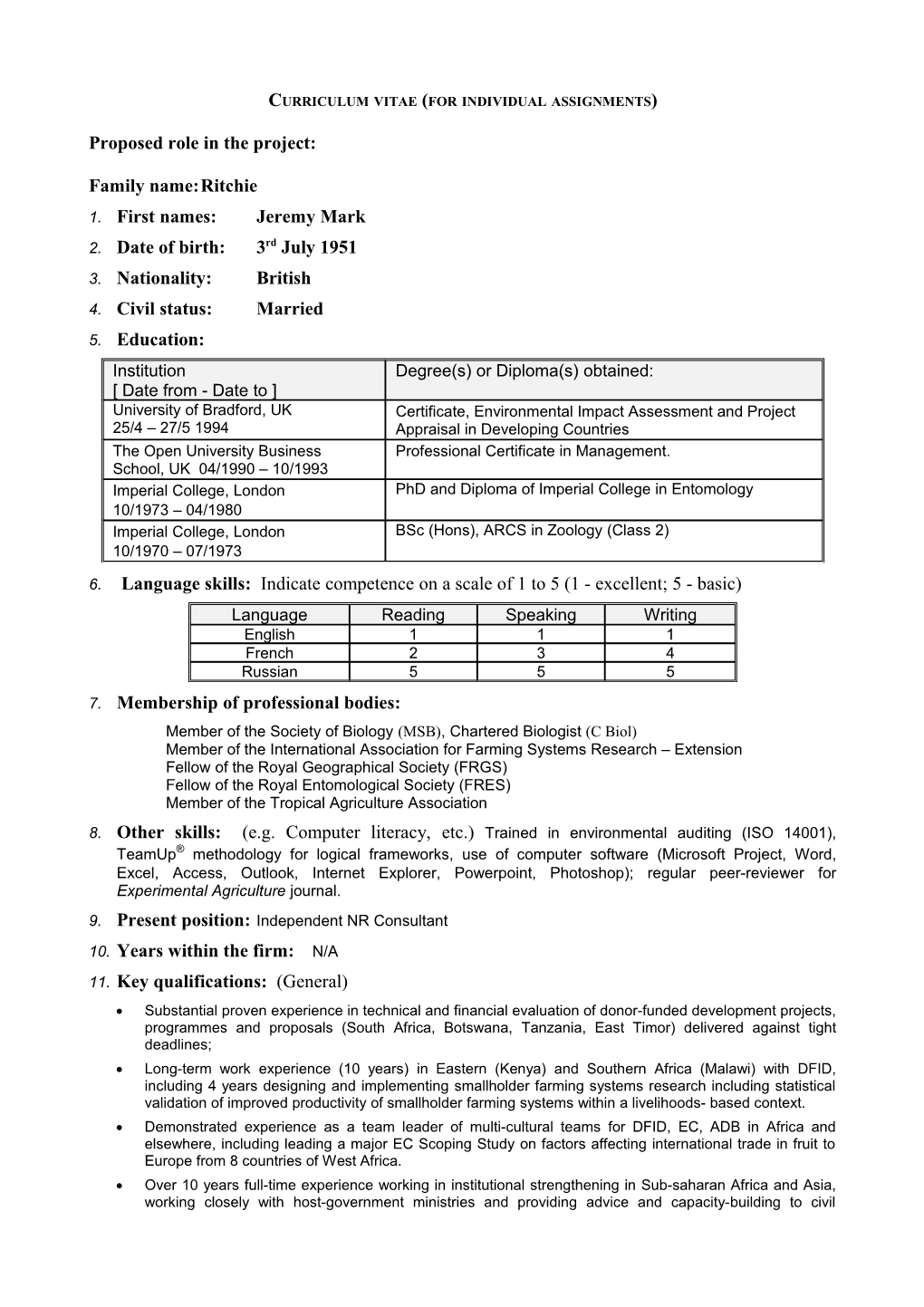 Curriculum Vitae (For Individual Assignments)