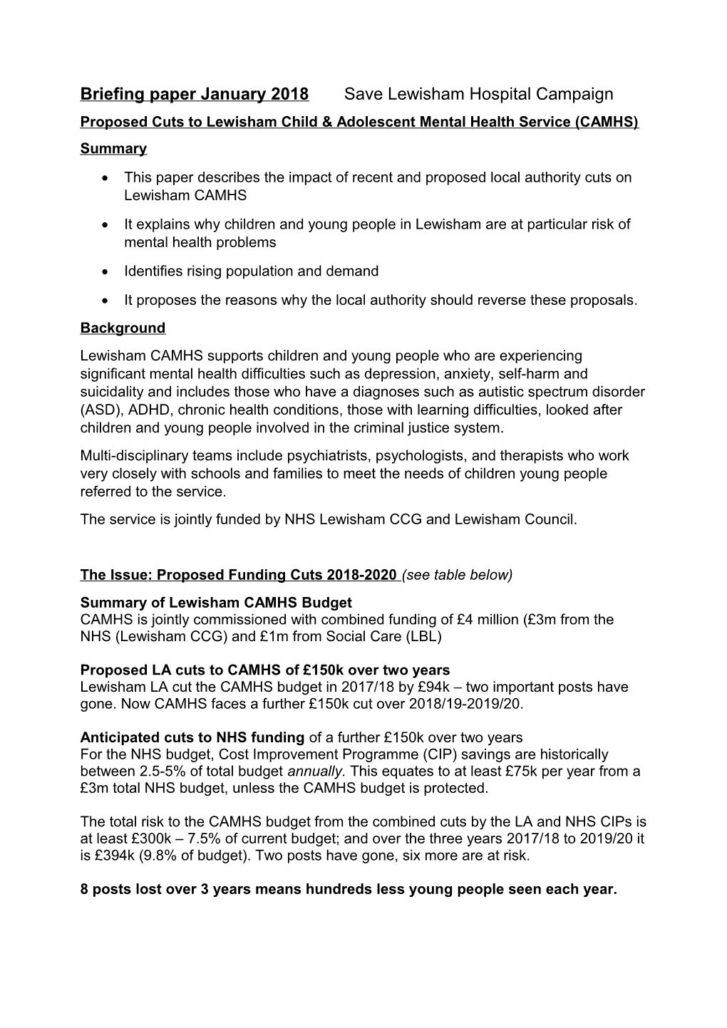 Proposed Cuts to Lewisham Child Adolescent Mental Health Service (CAMHS)