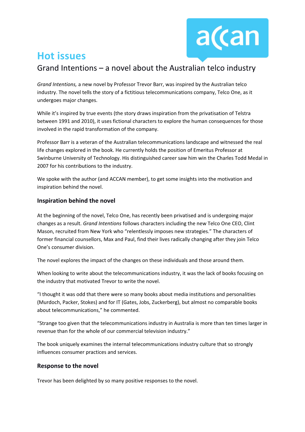 Grand Intentions a Novel About the Australian Telco Industry