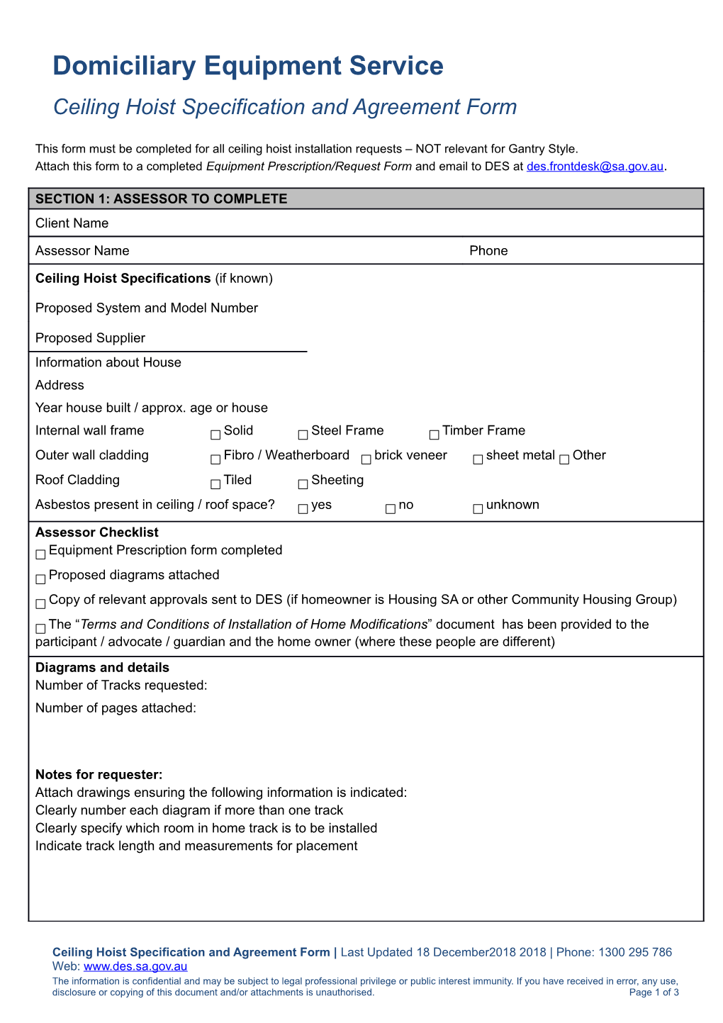 Ceiling Hoist Specification and Agreement Form