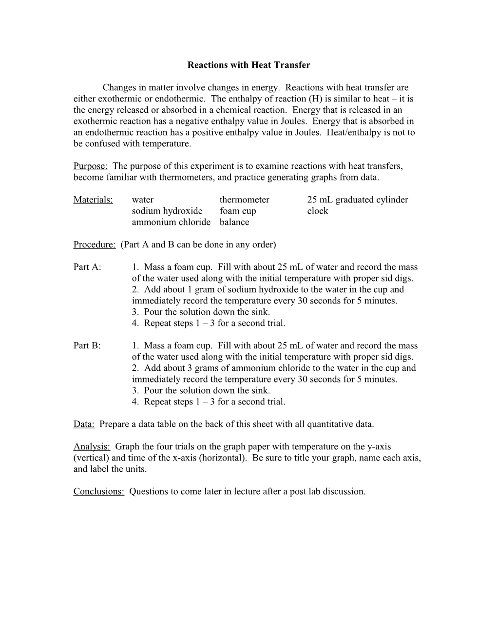 Reactions with Heat Transfer