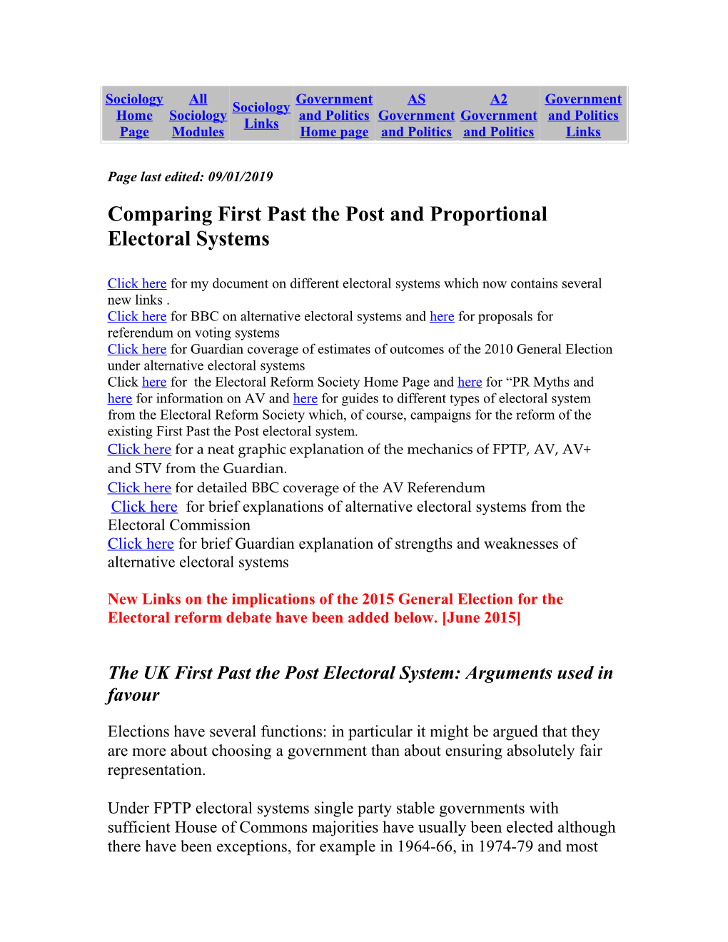 Comparing First Past the Post and Proportional Electoral Systems