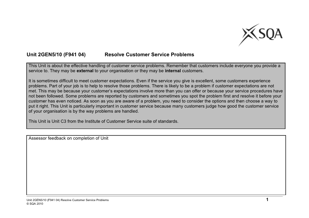 Unit 2GEN5/10 (F941 04)Resolve Customer Service Problems